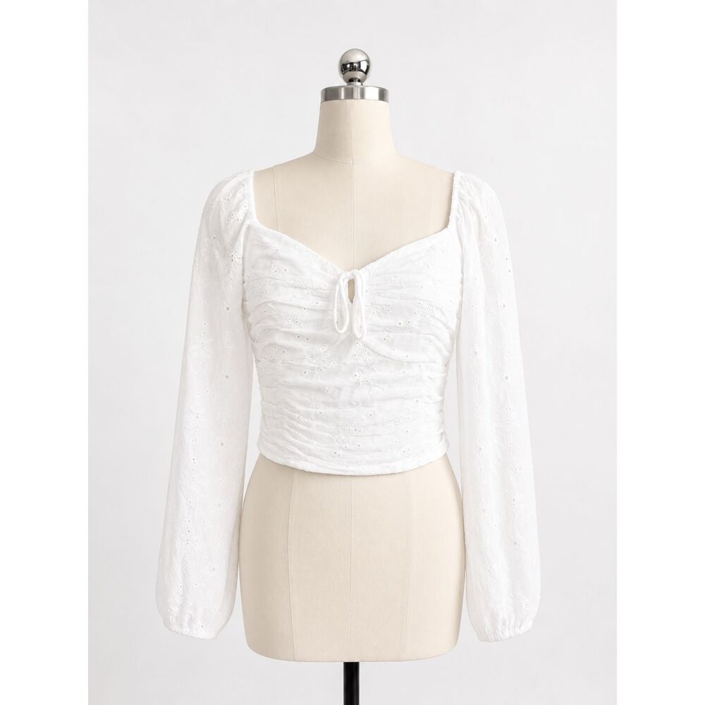 Hollister Babydoll Eyelet Sweetheart Neckline Long Sleeve Blouse White Large